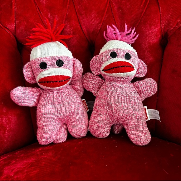 Schylling Red/Pink Sock Monkey 7 inches Stuffed Animal Set of 2 - Picture 2 of 12